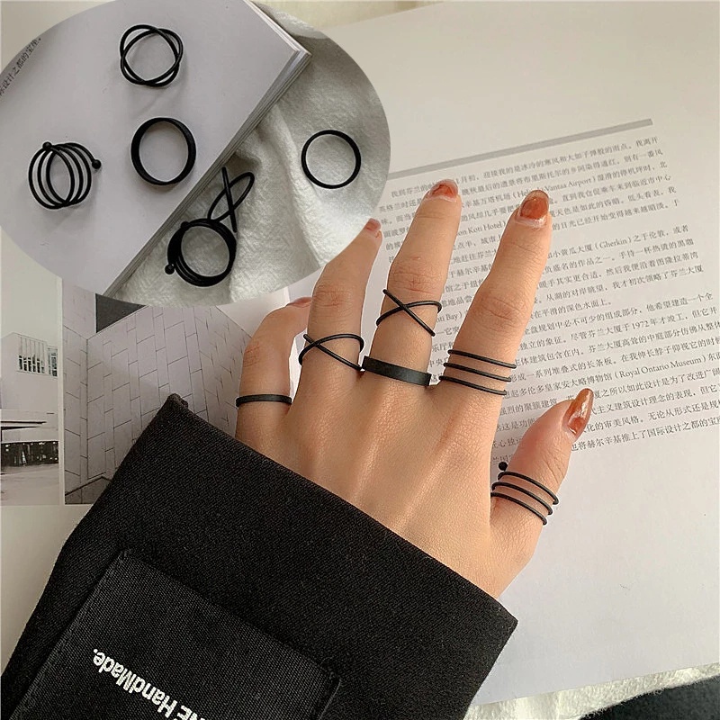 New Punk Finger Rings 6pcs/set Minimalist Smooth Gold/Black/Silver Geometric Metal Rings For Women Jewelry