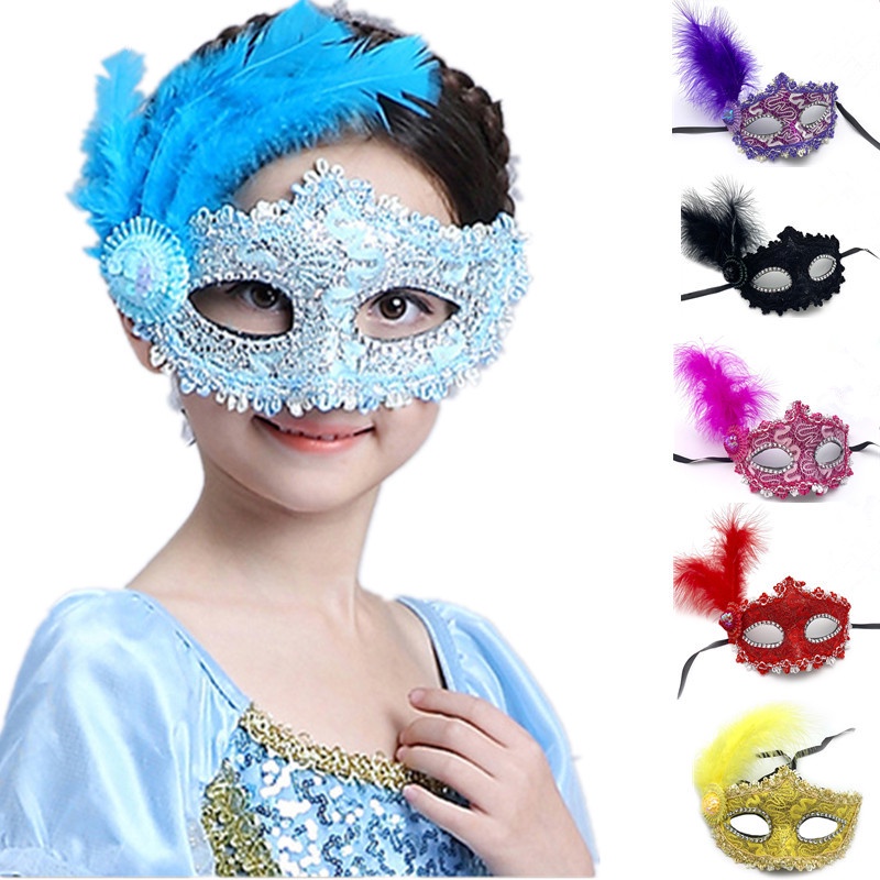 Beautiful Girl Halloween Mask Elsa Princess Feather Lace Masquerade Costume Party Children Adult Christmas Performance Mask