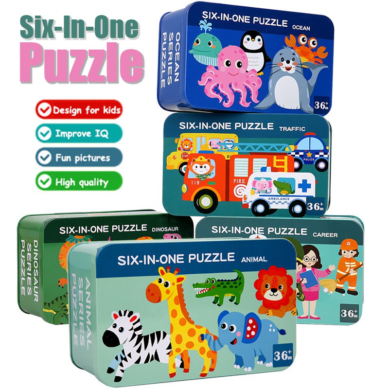 6-in-a-box Cute Cartoon Wooden Jigsaw Puzzle Tin Box Kids Educational Toy