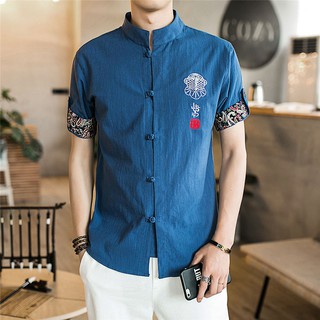 Chinese Style Men Shirt 3/4 Sleeve Solid Casual Streetwear Man Cotton Linen  Hanfu Blouse Men Clothes 2023 New Koran Summer Top