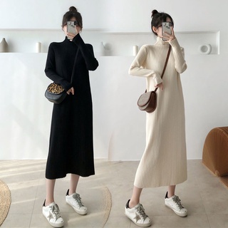 Winter Ladies Loose Long Sleeve Mid Dress Side Slit Winter Sweatshirt Dress