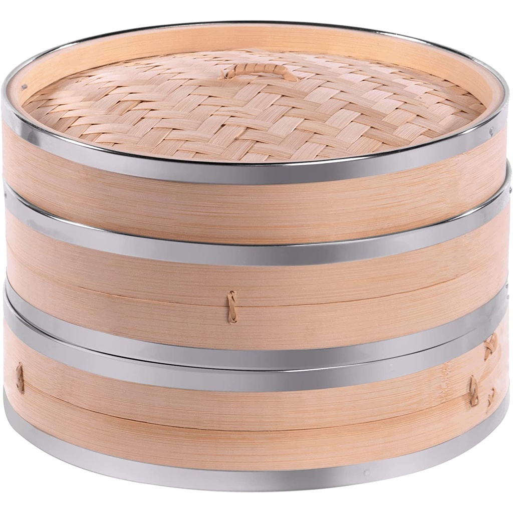 Bamboo Steamer 10 Inch 2 Tier Dim Sum Chinese Basket Bamboo