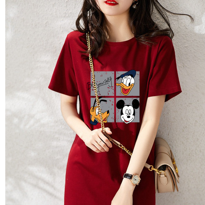 2022 Summer Loose Cartoon Mickey Mouse Printed Round Neck T-shirt Midi Dress  Women's Student Korean Short Sleeve Fashion Casual Mid-length Dresses |  Shopee Singapore