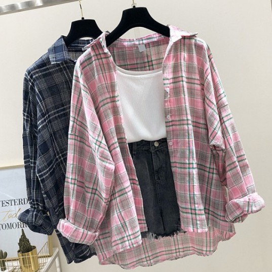 【Free Gift】Korean loose plaid shirt long sleeved baju women clothing 896