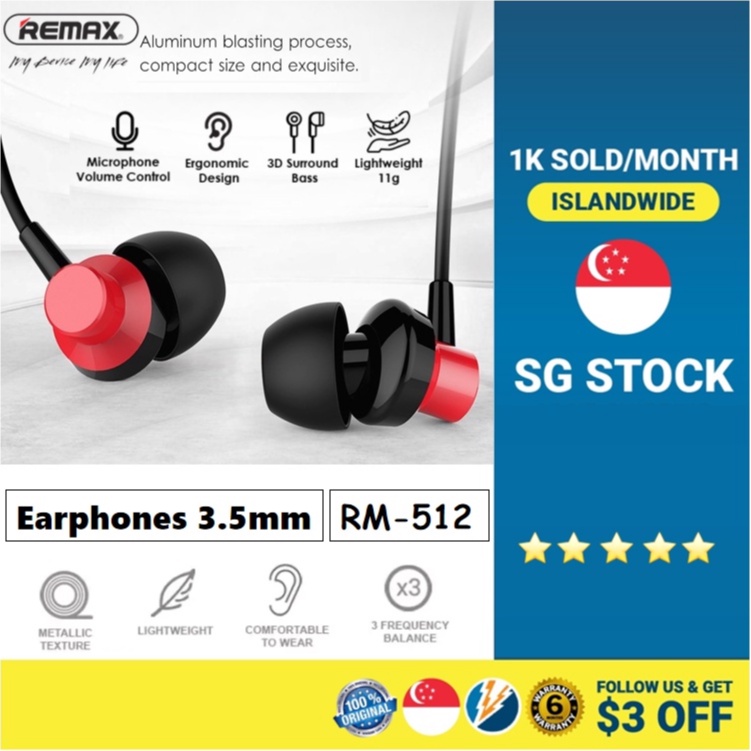 (SG) REMAX Earphone Mic RM 512 RM-512 Earpiece Wired Earphones ear buds ...