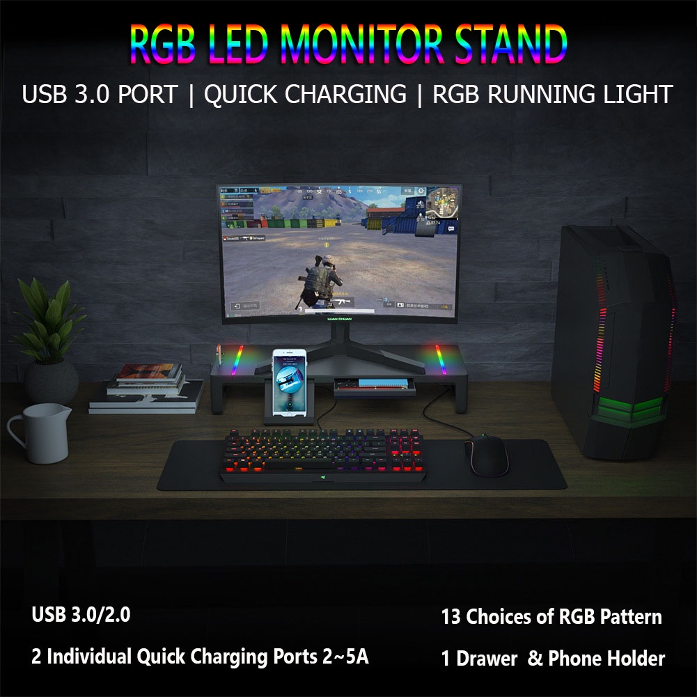 USB 3.0 + Fast Charging RGB Monitor Stand Riser + 3 USB ports Foldable ...
