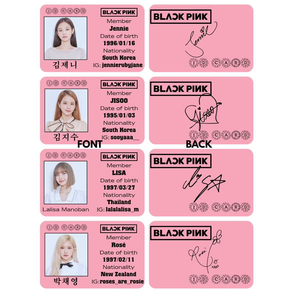 Set of 4 BLACKPINK plastic cards - ID CARD printed on 2 sides with ...