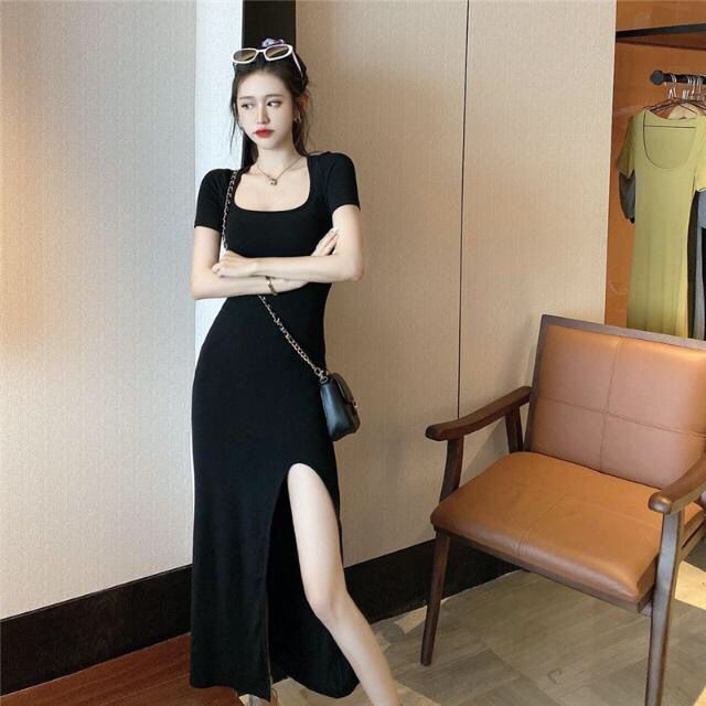 New Korean Style Square Neck Long Sleeve Short Sleeve Split Sexy Medium ...
