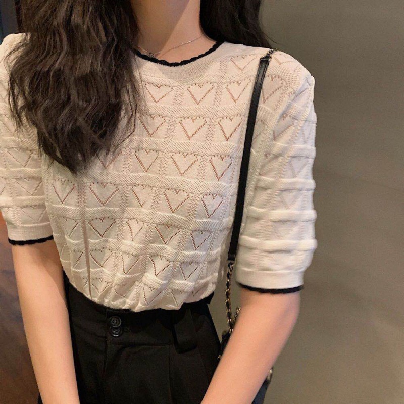 Luxury Comfortable Contrasting Love Printing Hollow Short Sleeve T-shirt Women Korean Style Loose Top Tee shirt clothing