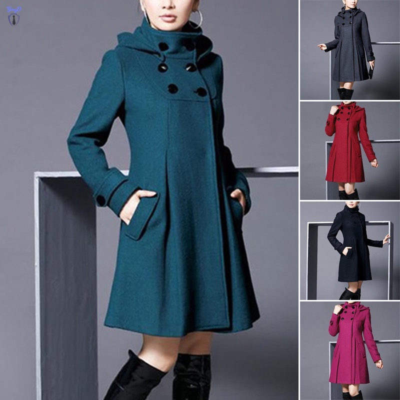 Women Peacoat Fleece Coat Standing Collar Medium Long Trench Coat ...