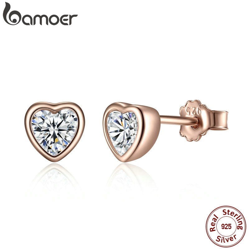 BAMOER 925 Sterling Silver One Love Stud Earrings with Clear CZ Female Brincos for Woman Fine Jewelry PAS452