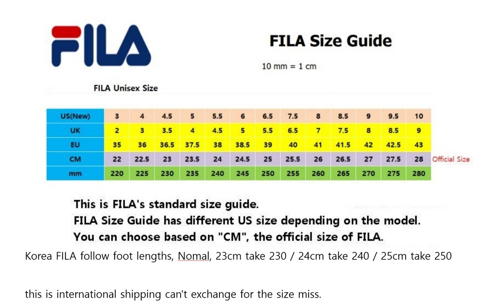 Size chart fila on sale disruptor 2 korea