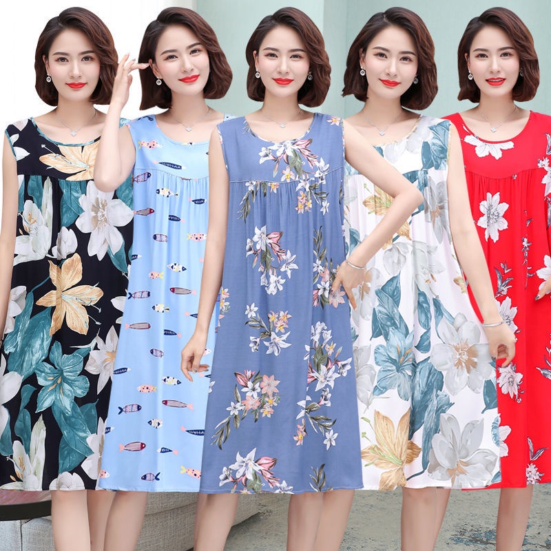 Ready stock Women's 100% cotton silk nightdress Summer middle-aged and elderly cotton silk plus size sleepwear Sleeveless home dress Mother wear fashionable loose mid-length pajamas Home clothes can b