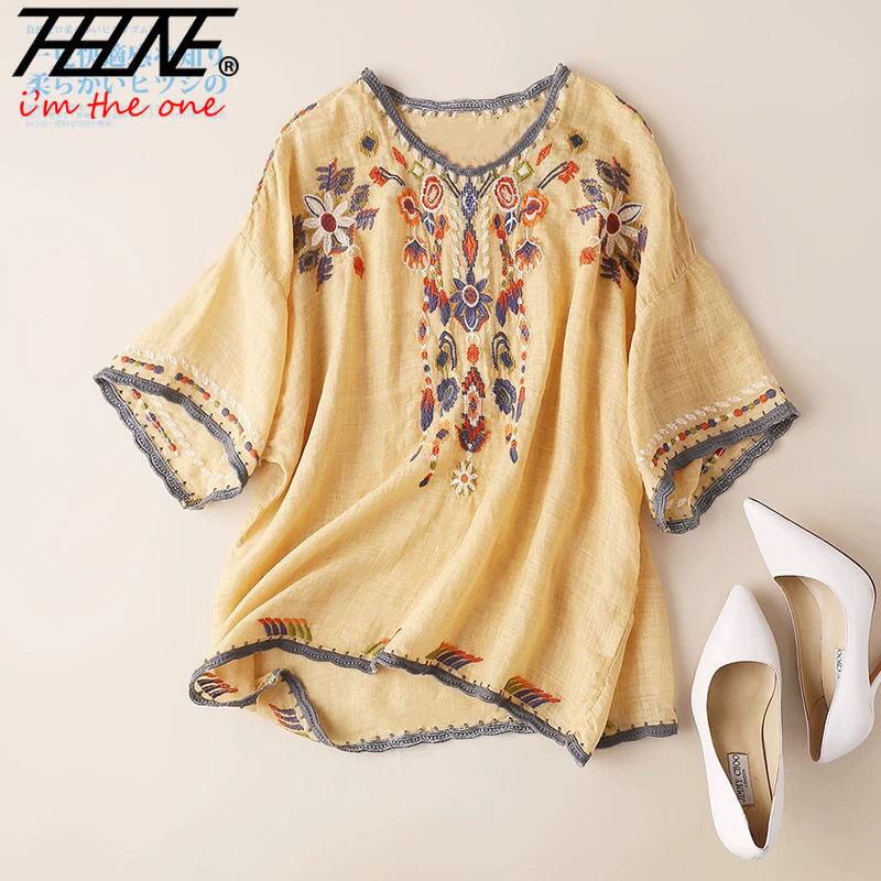 THHONE Women s Clothing Plus Size Tops Cotton Linen Women Shirts Blouse White Floral Loose Print Casual Long Sleeve Fash