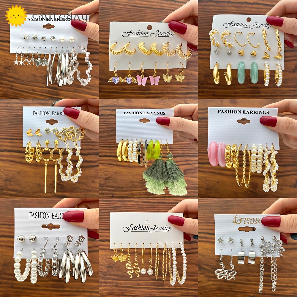 Fashion Gold Silver Resin Hoop Earrings Set Pearl Heart Crystal Stud Earring for Women Butterfly Drop Earing Jewelry Accessories