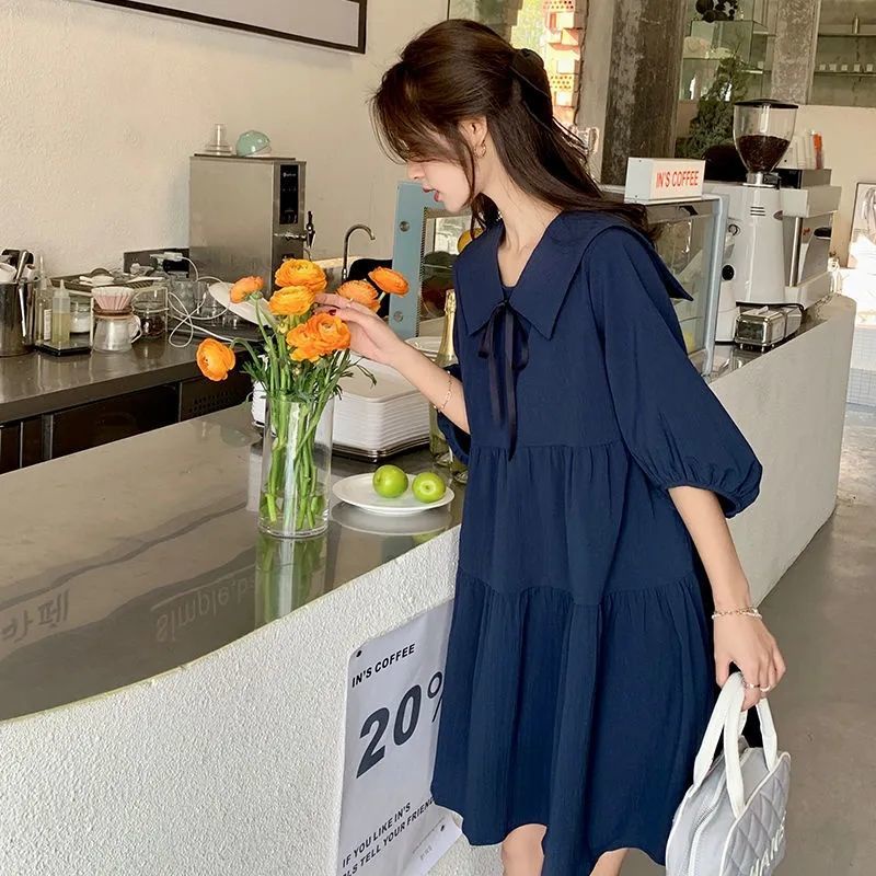Dress Woman Korean Style Retro Lantern Puff Sleeves Casual Dress Midi Dress  Doll Collar | Shopee Singapore