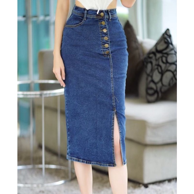 SG High Waist Side Buttons Mid length Stretch Denim Skirt M 4XL 3 Colours Shopee Singapore