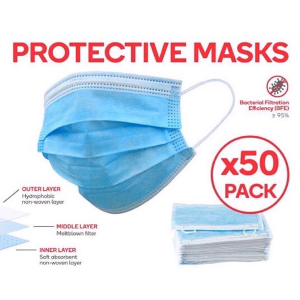 😷 3ply Face Mask Disposable Protective Mask Non-woven 50pcs 