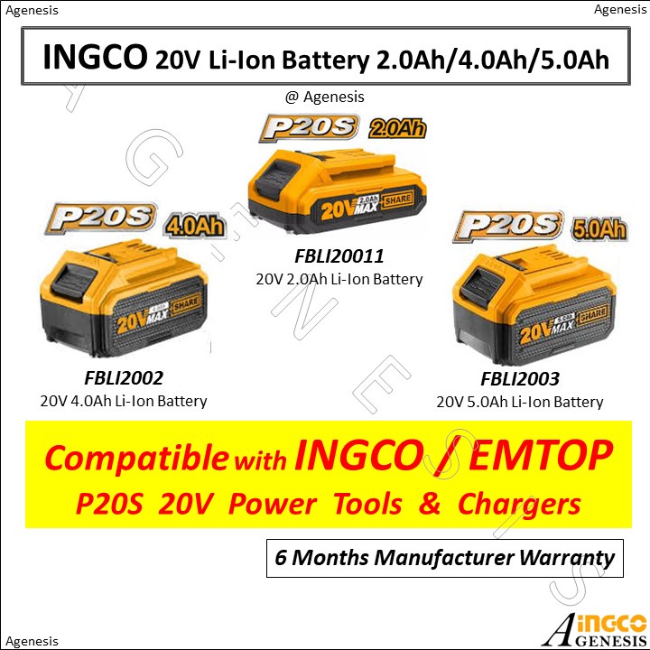 INGCO 20V Li-Ion Battery 2.0Ah FBLI20011 / 4.0Ah FBLI2002 / 5.0Ah FBLI2003