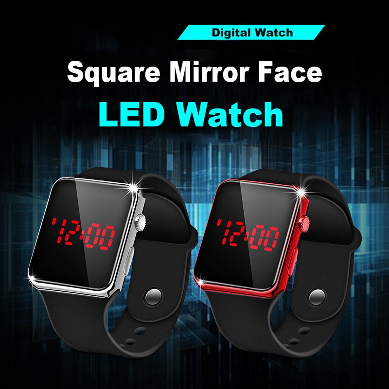 New square mirror face silicone hotsell band digital watch red led