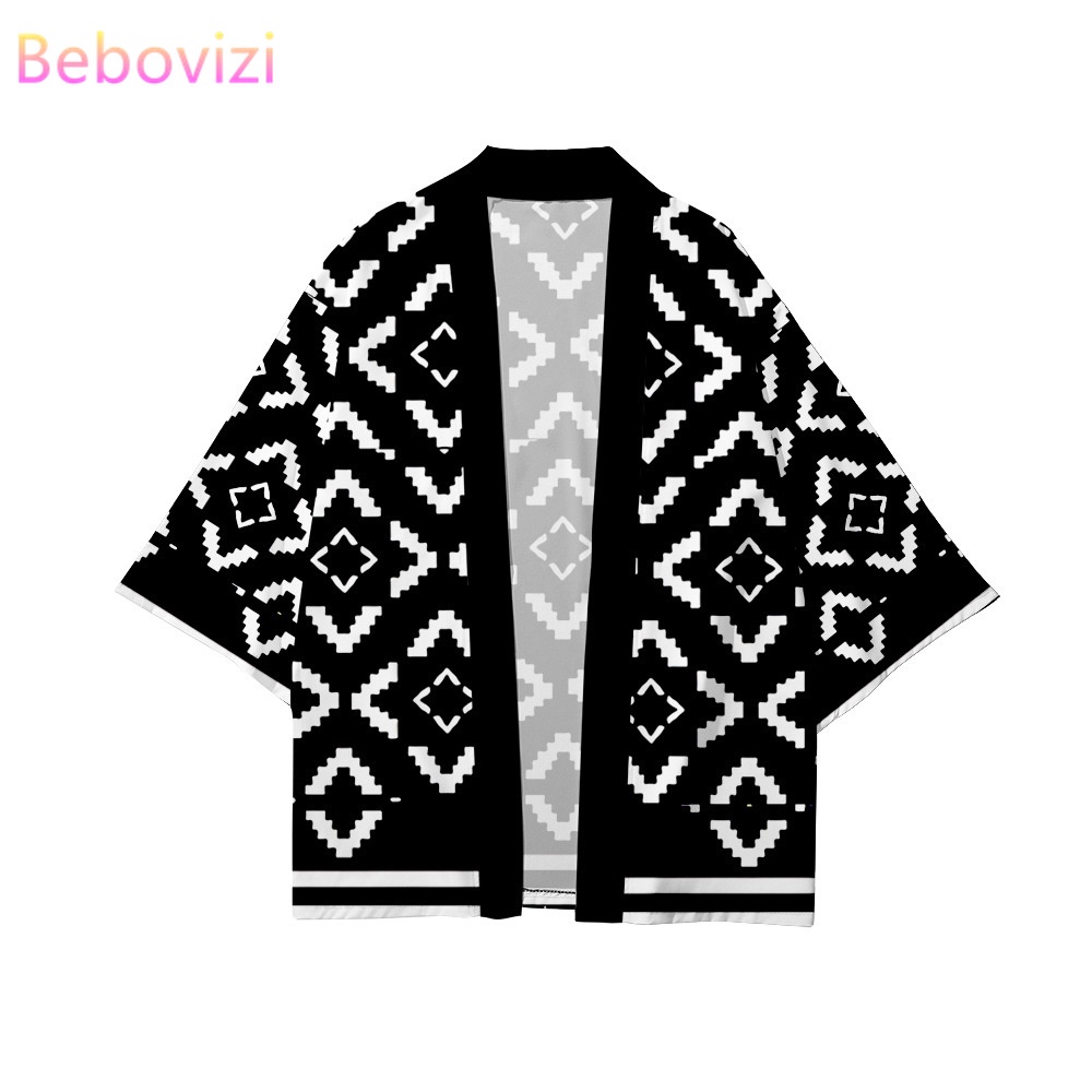 Fashion Geometric Print Loose Shirt Japanese Cardigan Women Men Harajuku Kimono Beach Yukata Clothing Plus Size