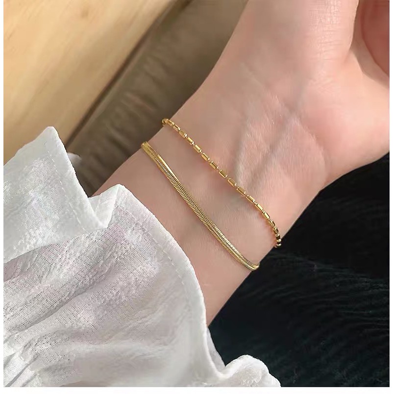 Gold Double Layer Bracelet, Double Herringbone Bracelet, Gold 2 Layer  Bracelet, Beaded Bracelet, Waterproof, Double Snake Chain Bracelet -   Denmark