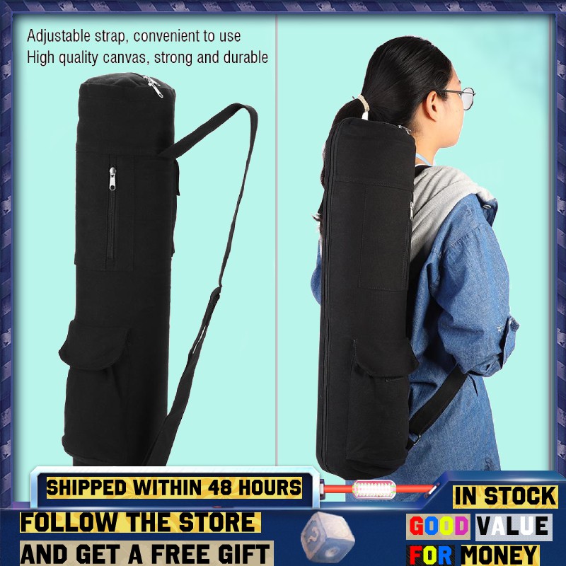 Multifunctional Black Canvas Yoga Mat Storage Bag Carrier Backpack with  Adjustable Strap