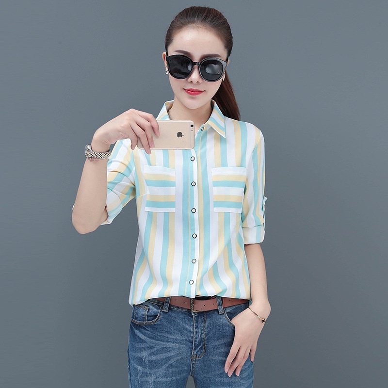 New Striped Chiffon Shirt Women's Long Sleeve Shirt Slim Fit Women's