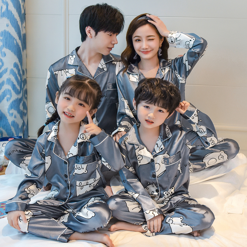 Big White Family Sleepwear Kids Silk Pajamas Set Thin Long Sleeve