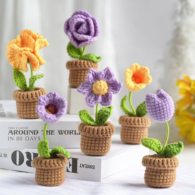 Handmade Crochet Artificial Flower Finished Potted Flower Sunflower Rose Tulip Daisy DIY Fake Flower Birthday Wedding Valentine's Day Party Car Decoration Teacher's Day Gift