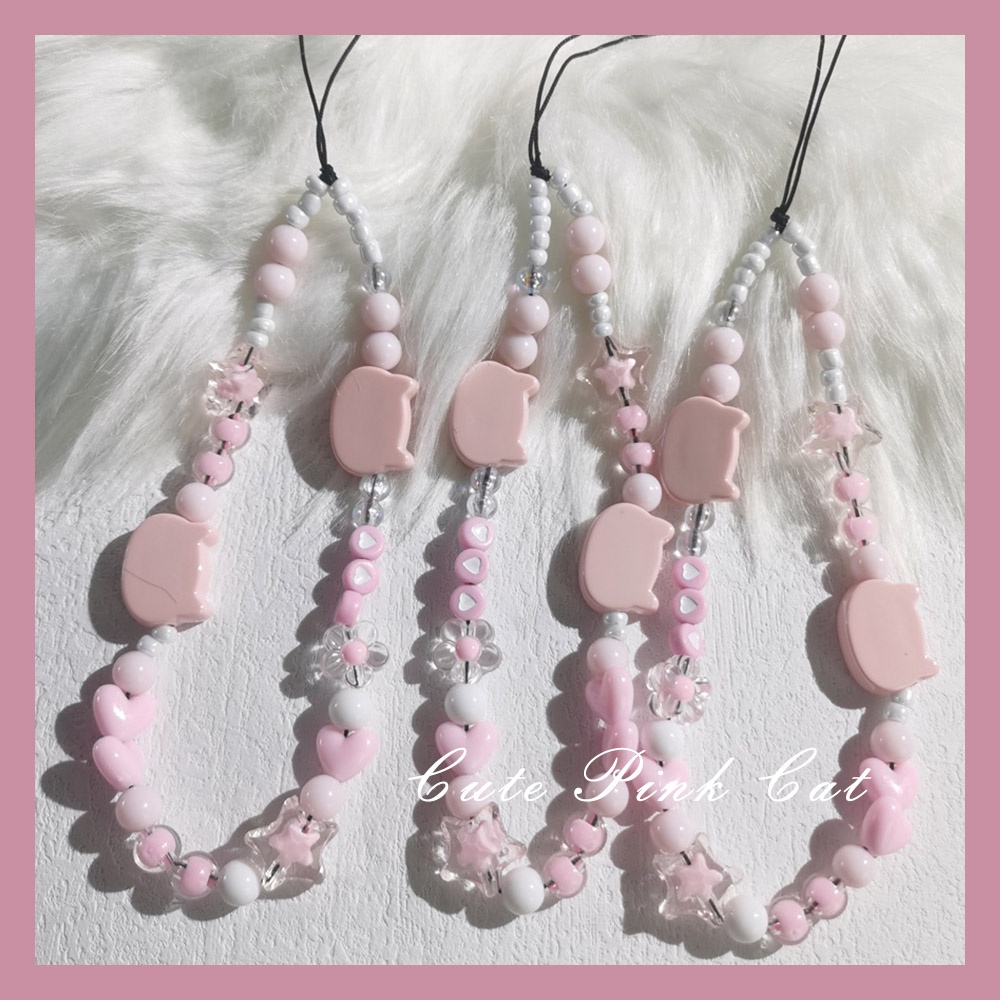 Cute Pink Cat Mobile Phone Chain Anti-Lost Soft Pottery Rope Strap Lanyard Pearl Acrylic Bead Colorful Cell Phone Case Hanging Cord