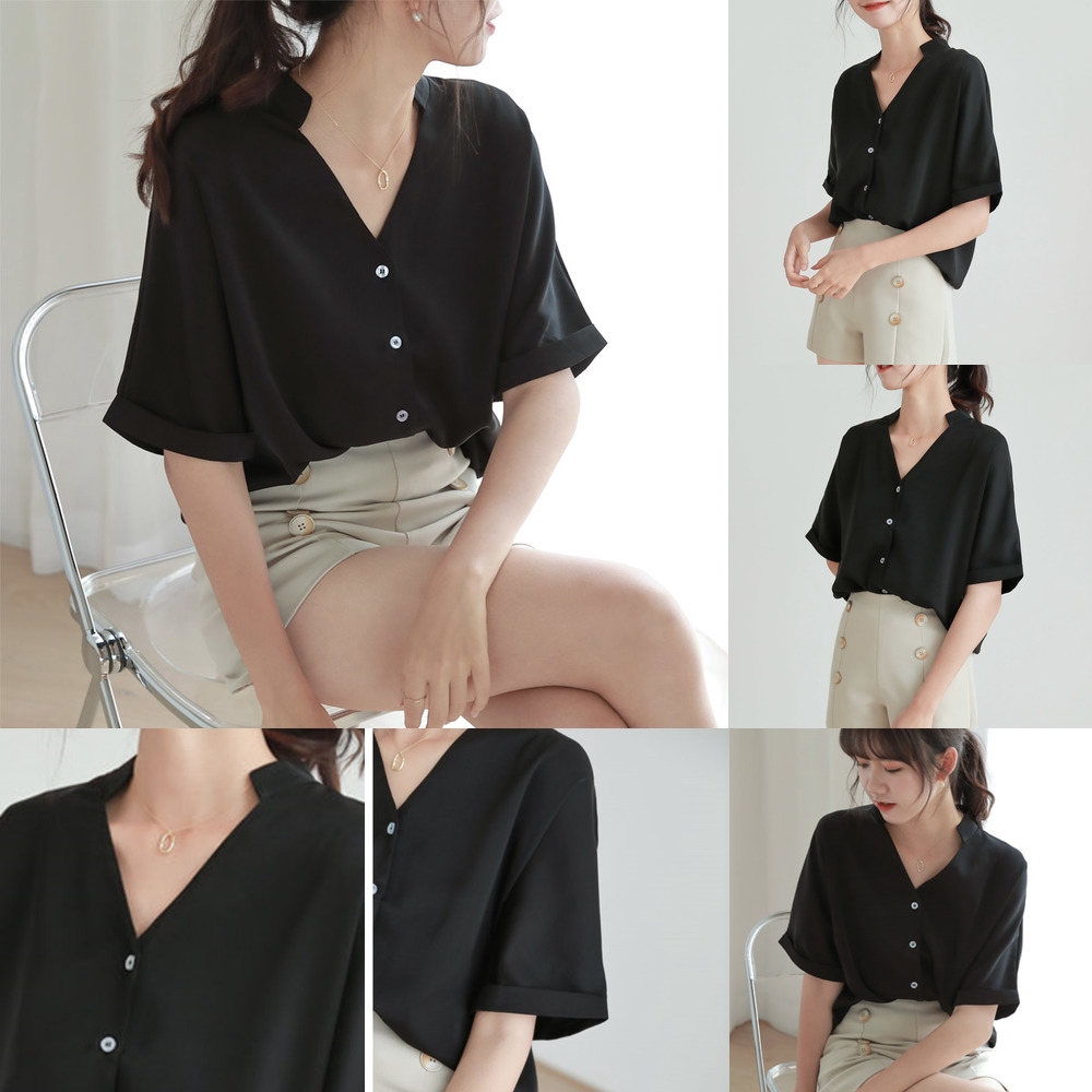 Black chiffon blouse short sleeve hotsell