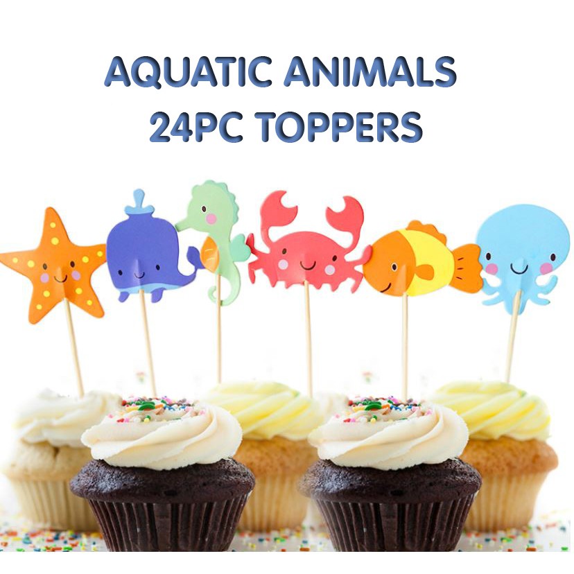 24pcs Sea animals cake toppers aquatic deep sea octopus seahorse crab