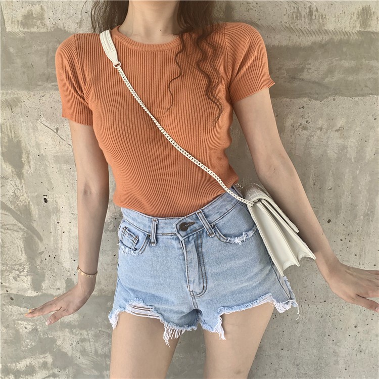 2023 Trimming Round Neck Pullover Half-Sleeved T-Shirt Girl Style Casual Simple Solid Color Top Slim-Fit Thin Ice Silk Sweater Clothing Genuine Korean Must @-