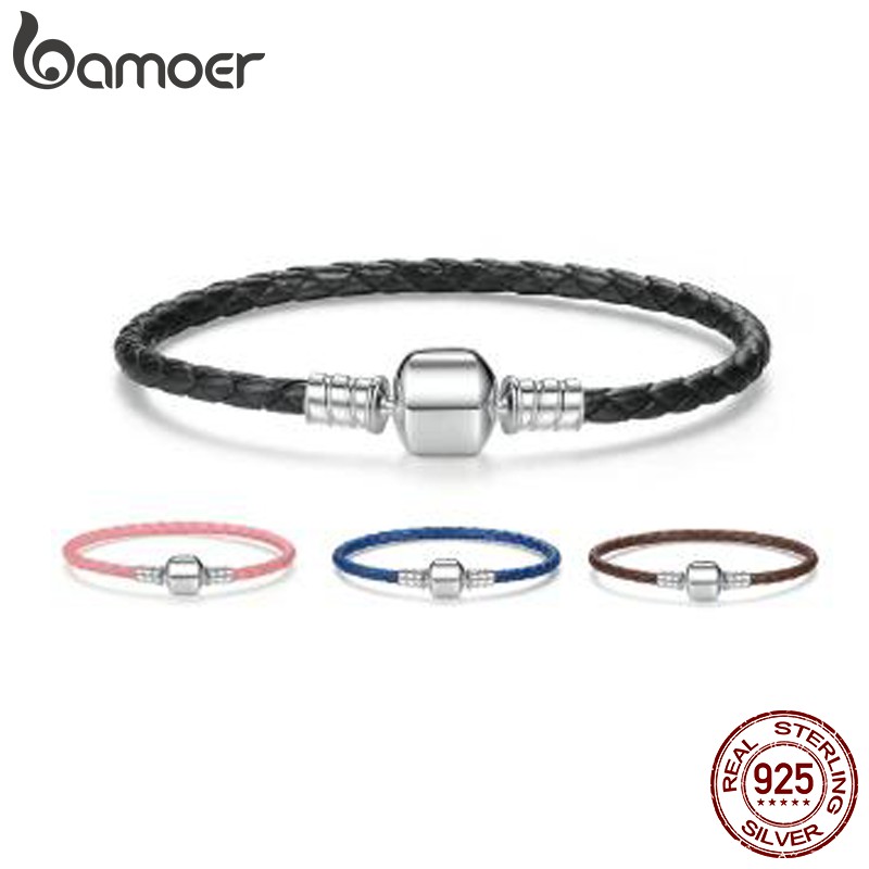 Bamoer DIY Brand Leather Snake Chain Silver Clasp Bracelet fashion Jewelry
