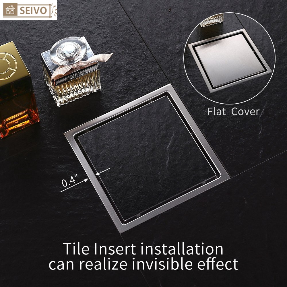 4-Inch Square Matte Black Floor-Mounted Tile Insert Shower Drain – Stainless Steel
