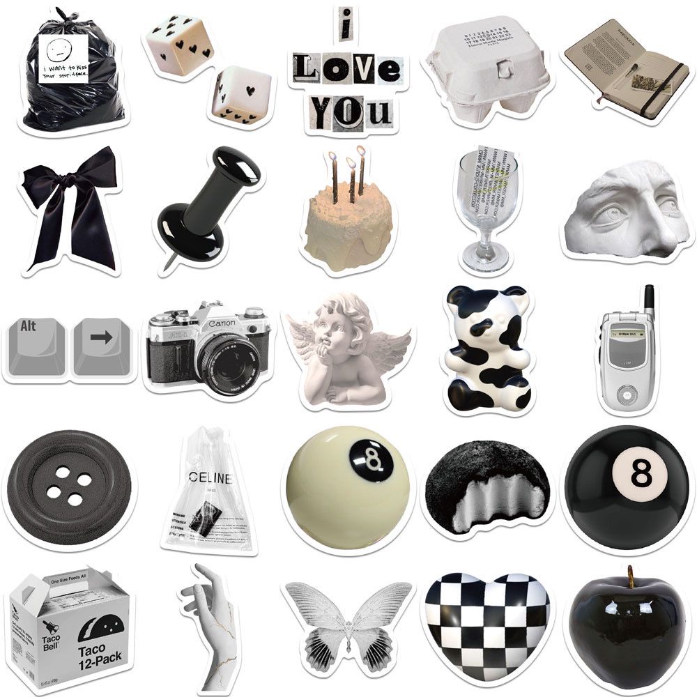 Ohaya 61pcs/set Black White Sweet Cool Style Sticker Waterproof ins ...