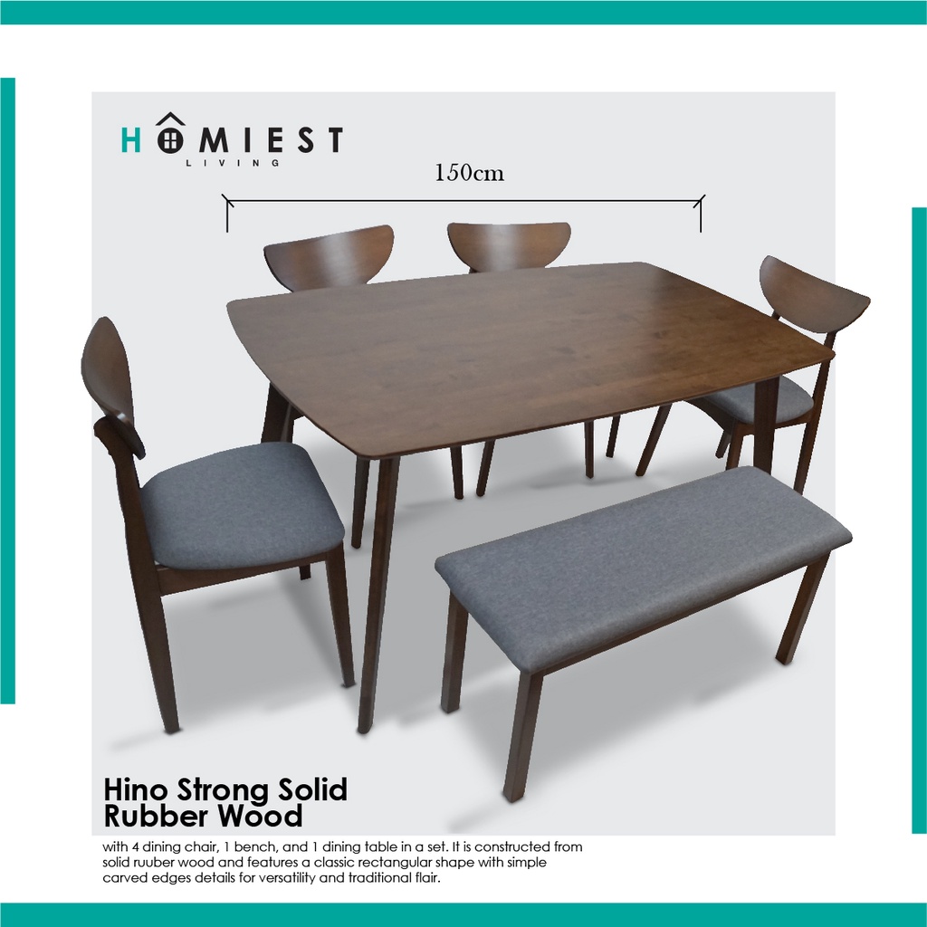 [HOMIEST] HINO Solid Rubberwood 150cm Dining Set with Grey Cushion