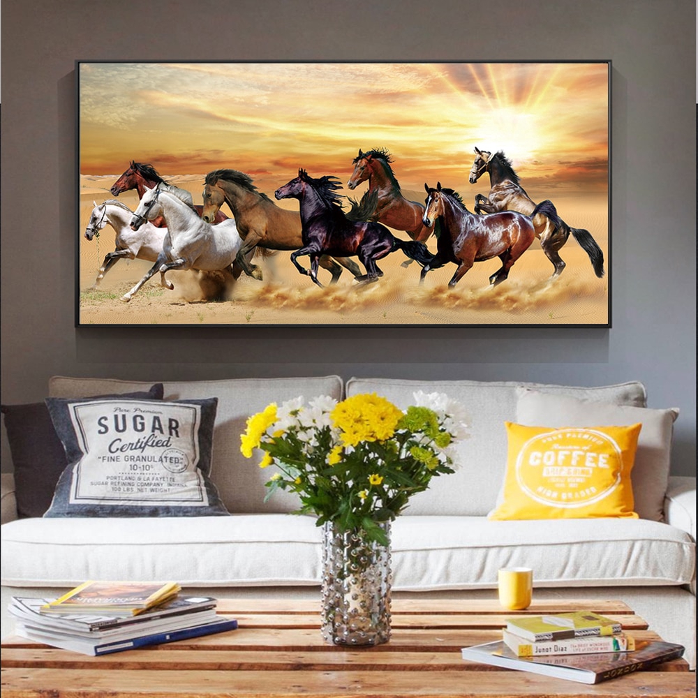 Running Horses Canvas Painting Wall Art Prints Sunset Landscape Animals ...