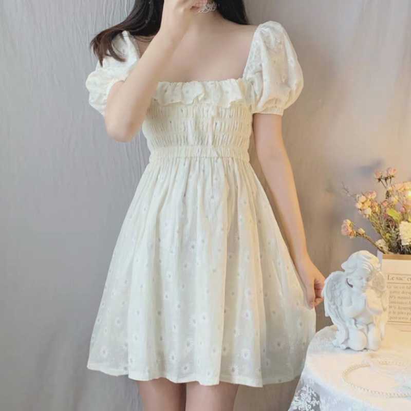 korean style women summer daisy flower short sleeve square neck midi