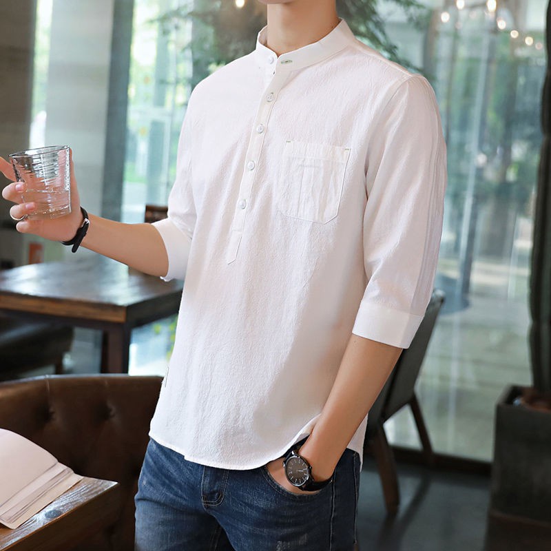 Mens Linen Cotton 3/4 Sleeve Shirt Slim Fit Business Formal Shirt