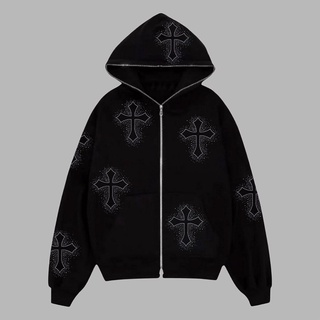 Rhinestone Zip Up Punk Sport Jacket Men Streetwear Hip Hop Sweatshirt Graphics cross print Men s Oversized Hoodies Y2K Aesthetic tops Shopee Singapore