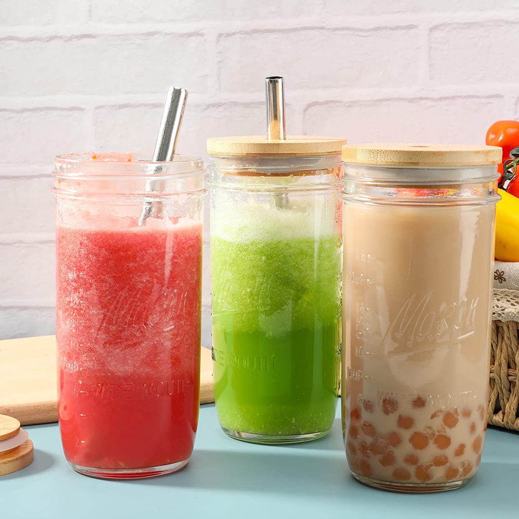 Mason Jars for Drinking Cup Bubble Tea Glass Cup with Bamboo Lid