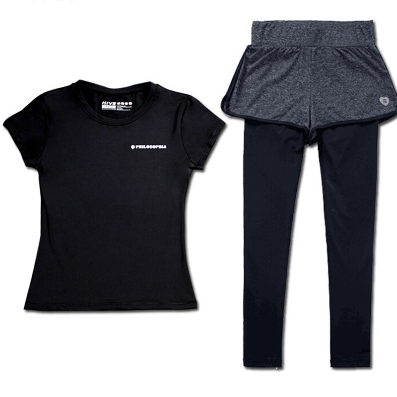 2Pcs Yoga set Women sport big size T-shirt +Two in one pants leggings clothing