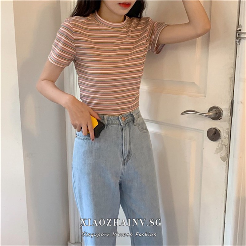 Ready StockWomen clothing Summer stripe Tee Slim Short sleeve Tshirt