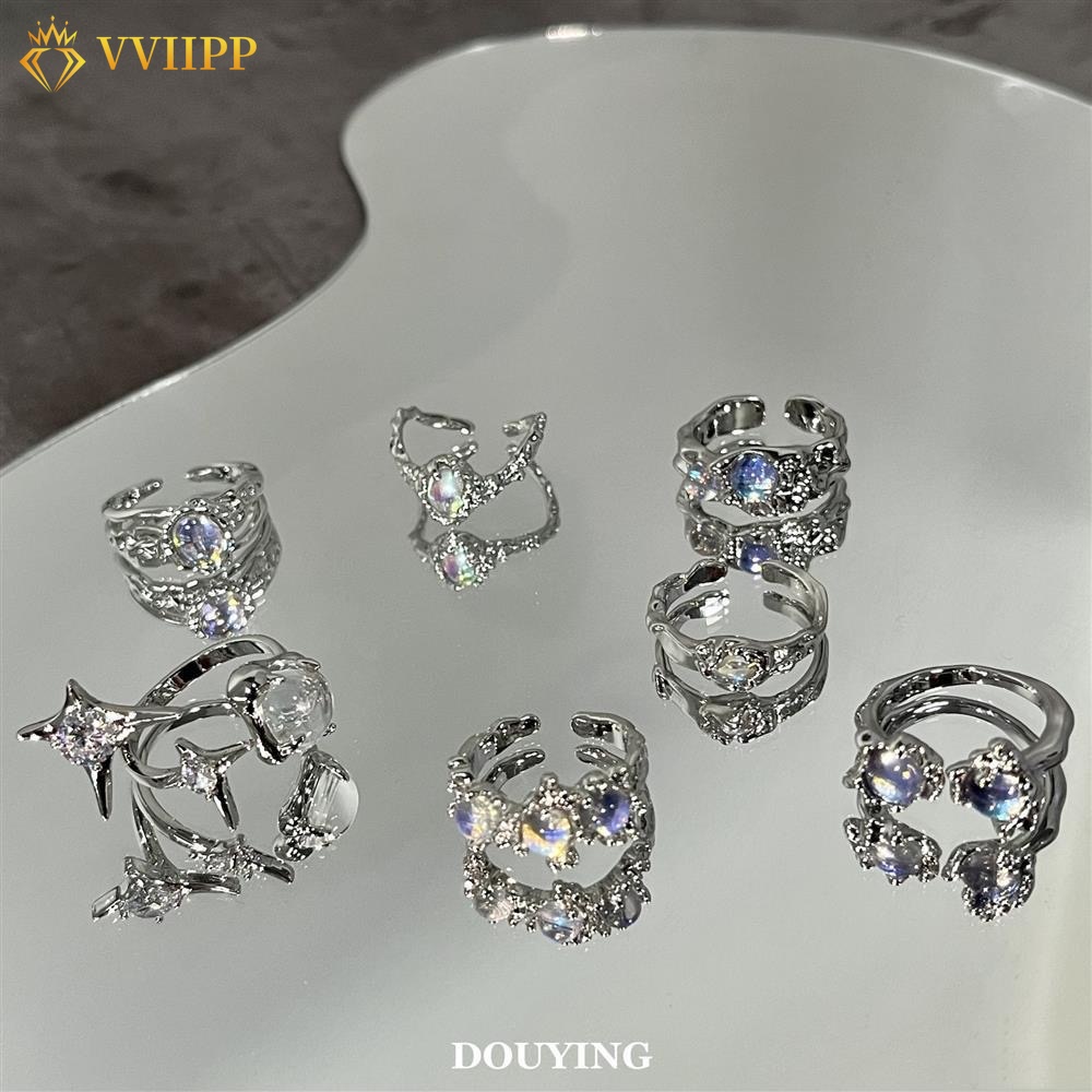 Y2K Pink Crystal Silver Ring Set for Women Checkerboard Heart Pearl Rings Accessories Jewelry