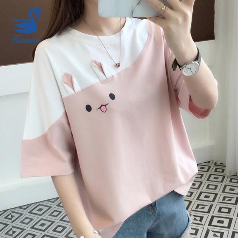 Kanavi Women Short-sleeve T-shirt Girl Clothing Cute Rabbit Wild Shirt Student Embroidered Tee Korean Loose Half-sleeve