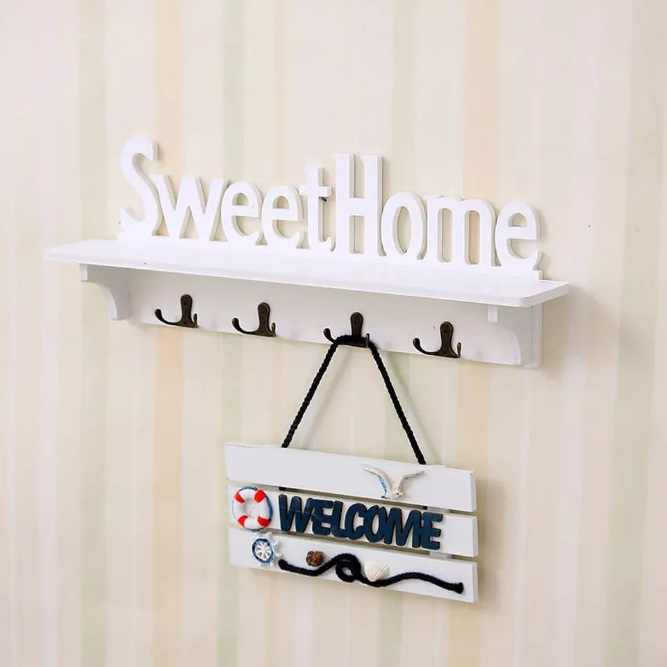 Wall Shelf Display Wooden Hanging Coat Rack With Hook Wall Decor White