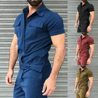 Mens Cotton Rompers Trousers Pockets Jumpsuit Long Pants S-5XL