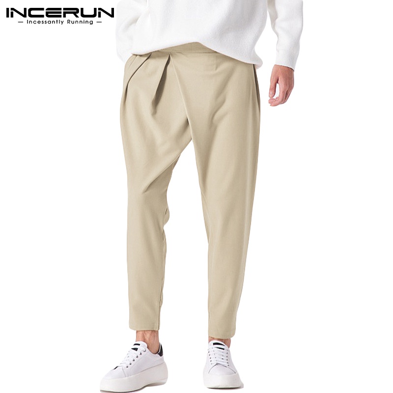 INCERUN Men Casual Fashion Drop Crotch Solid Color Pleated Loose Long Pants